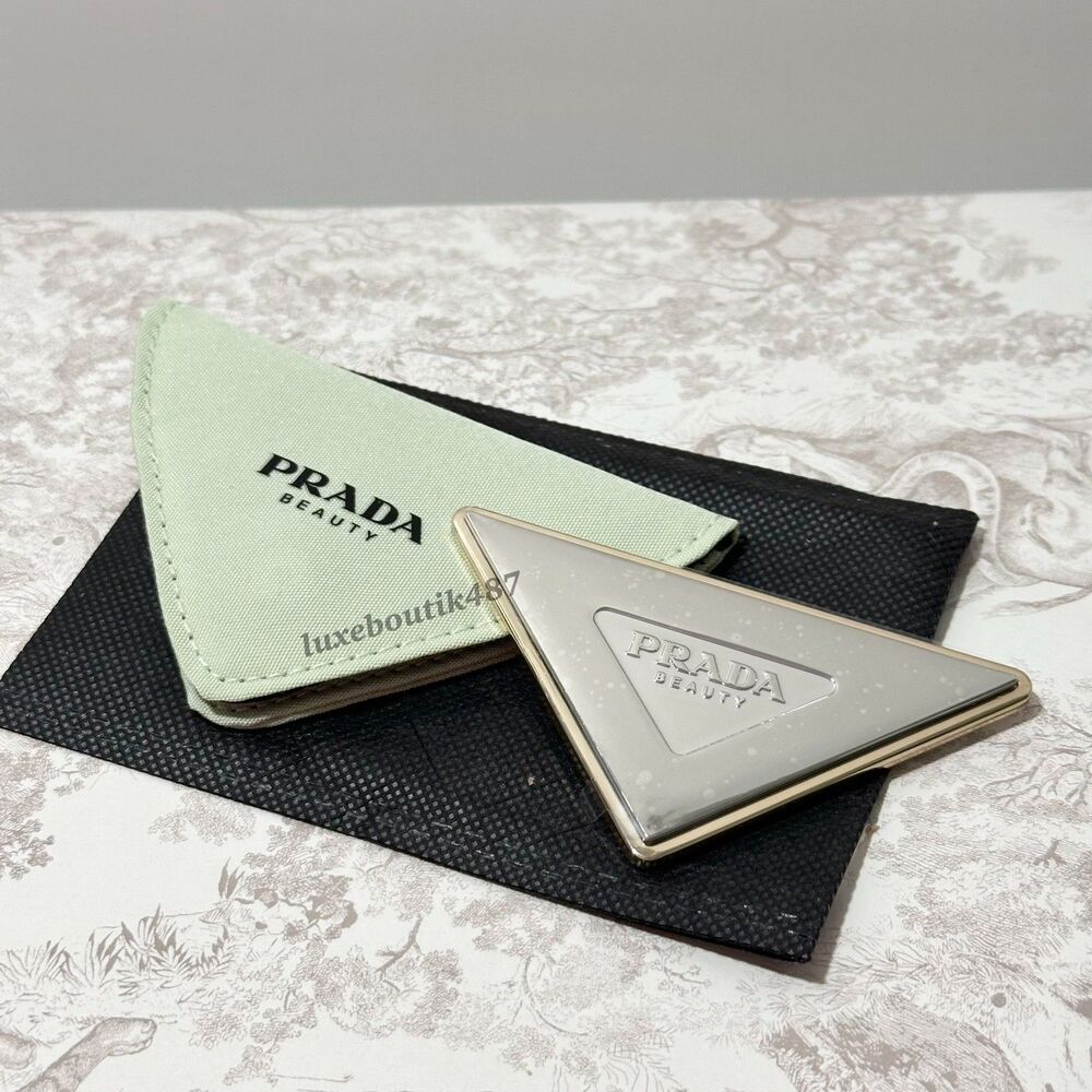 Prada Beauty Mint Pouch with Gold Silver Triangle Pocket Mirror